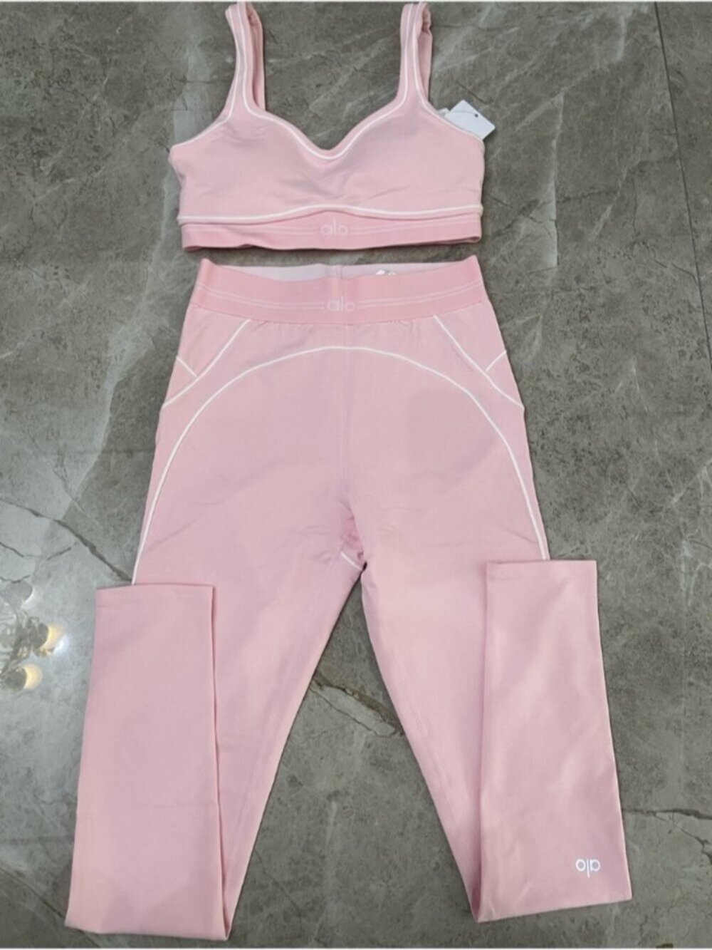 ALO Yoga Soft Pink Leggings and Bra Set